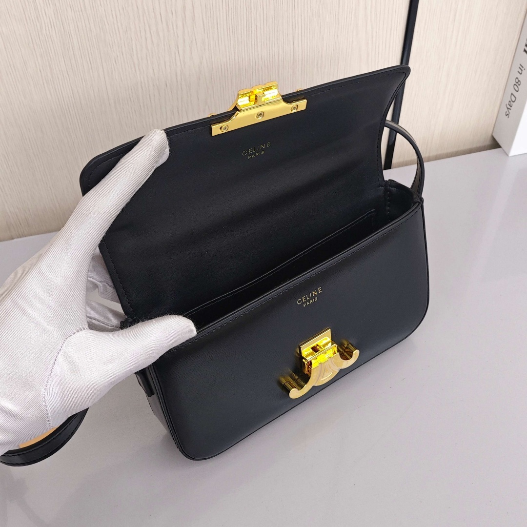 CELINE Triomphe, Glossy Cowhide Leather Under - Arm Handheld and Shoulder Bag, Women's Style, Black