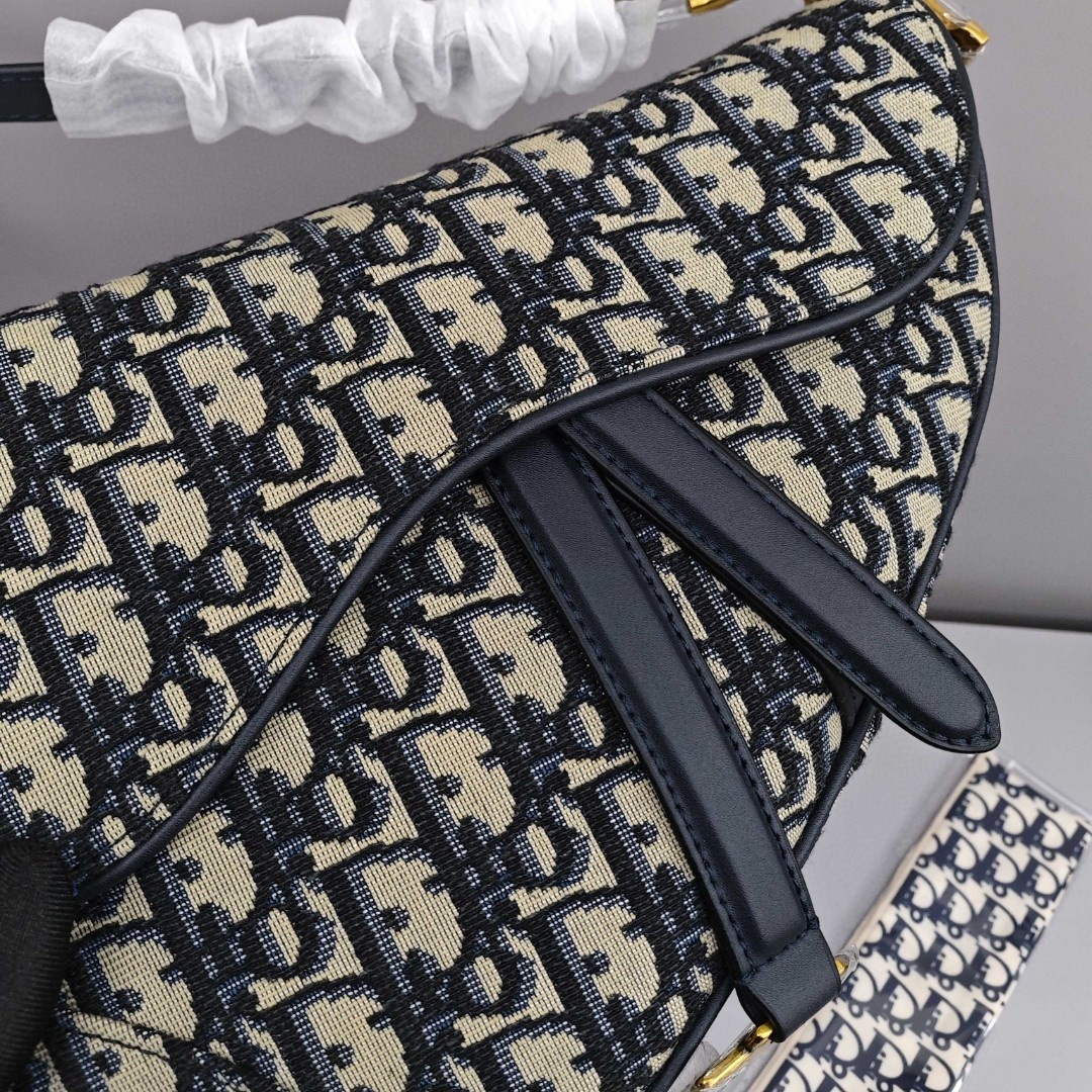 DIOR Saddle, Magnetic Snap - Closure Print Fabric Saddle Bag, Shoulder, Cross - body and Handheld Bag, Medium Size, Women's Style, Blue