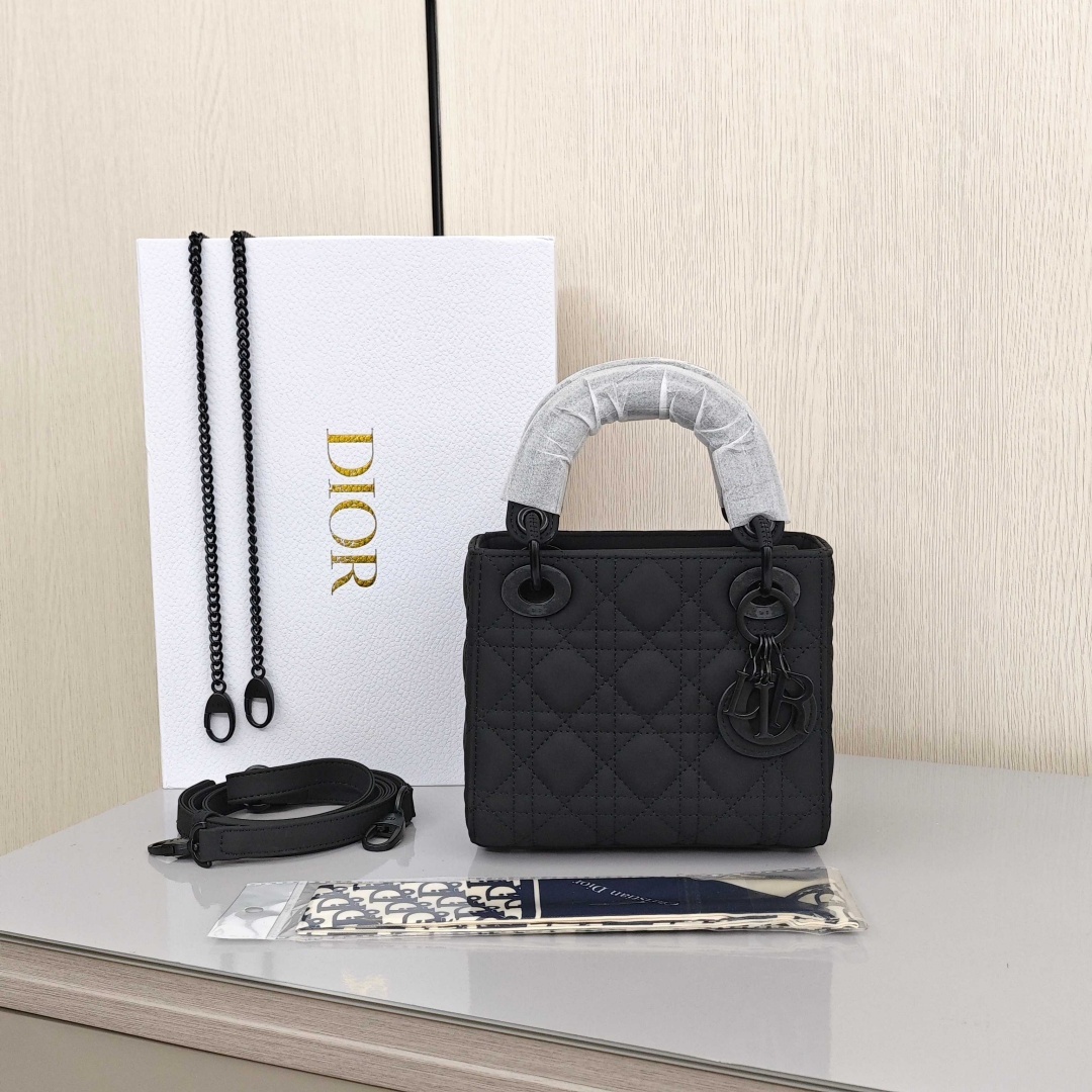DIOR Lady Dior Matte Three - Compartment Cowhide Bag, Lady Dior Bag, Shoulder, Cross - body and Handheld Bag, Mini Size, Women's Style, Satin Black