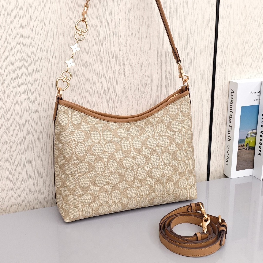 COACH Laurel 31 Coated Fabric with Leather Trim Hobo Under - Arm Bag, Large Size, Women's Style, Light Khaki