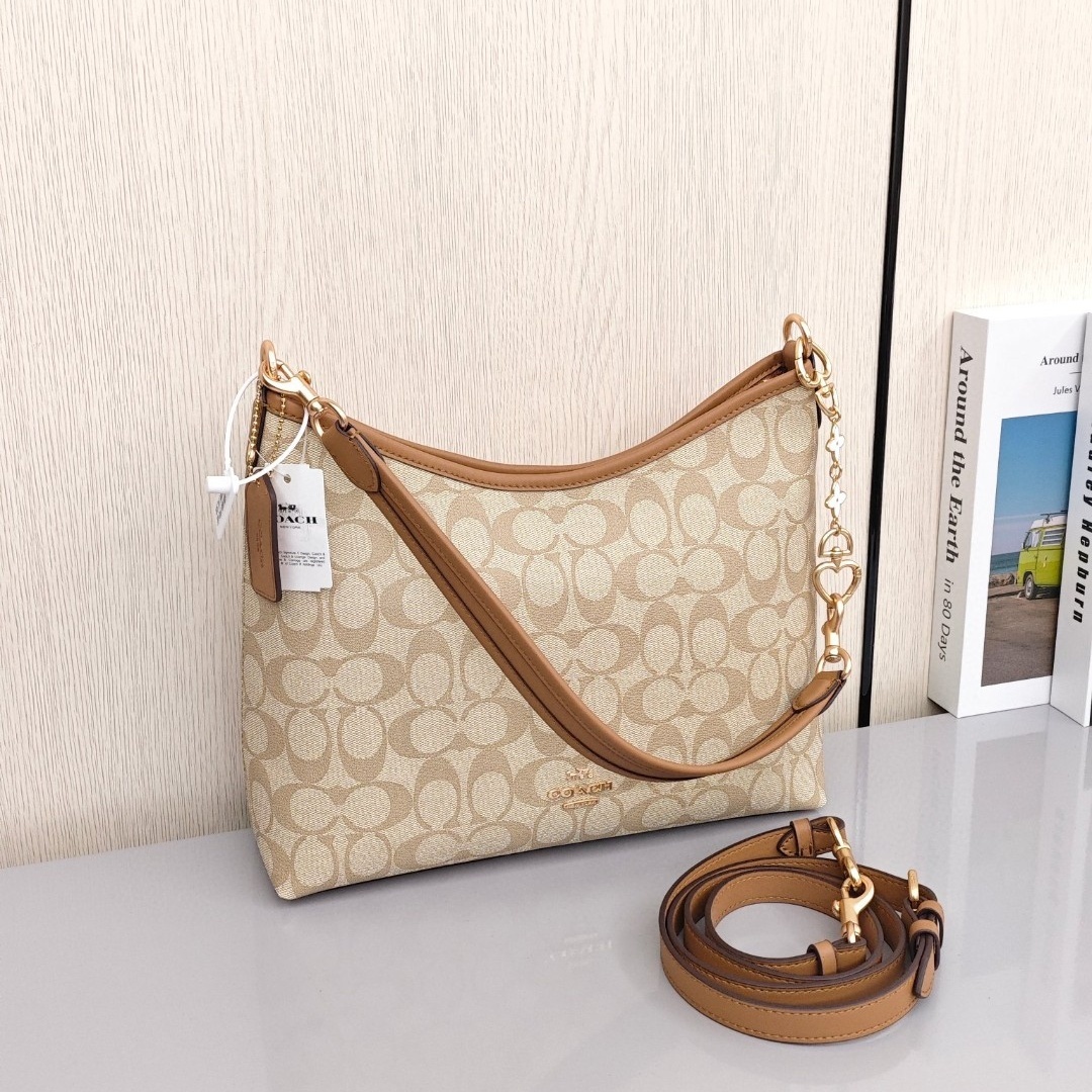 COACH Laurel 31 Coated Fabric with Leather Trim Hobo Under - Arm Bag, Large Size, Women's Style, Light Khaki