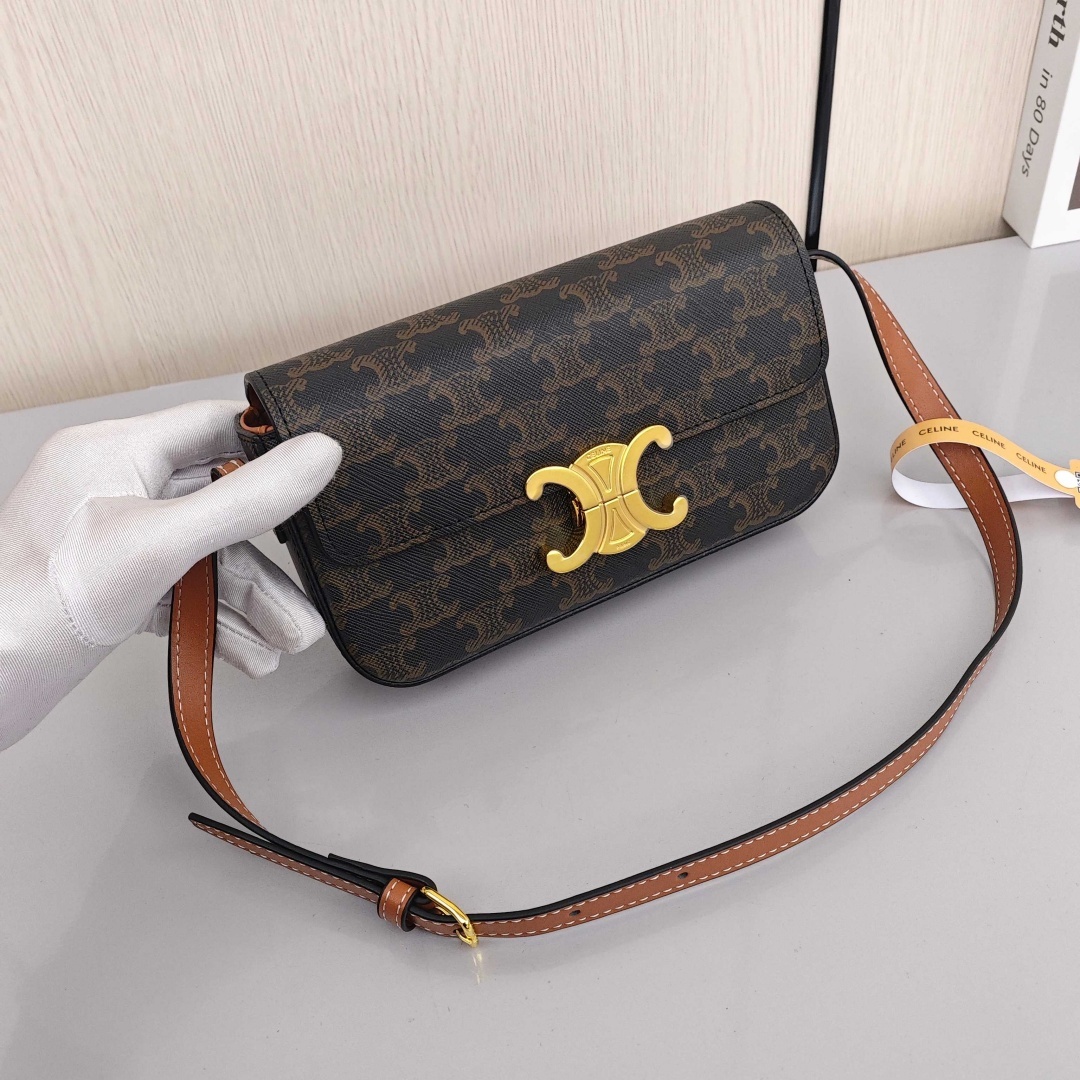 CELINE Triomphe Collection Classic All - Over Monogram Print Cowhide Cross - body and Shoulder Bag, Women's Style, Tan