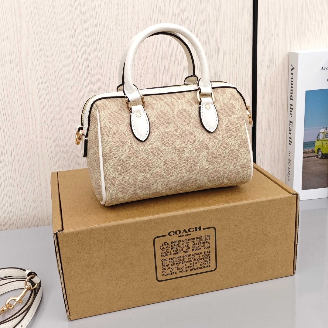 COACH Rowan 18 Classic Print Bag with Zipper Closure, Shoulder - Crossbody - Handbag, Mini Size, Women's Style, Vanilla White