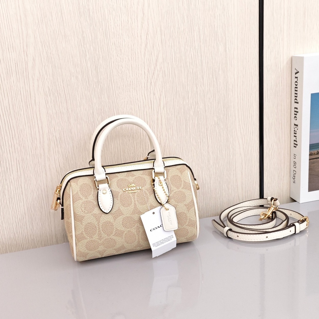 COACH Rowan 18 Classic Print Bag with Zipper Closure, Shoulder - Crossbody - Handbag, Mini Size, Women's Style, Vanilla White
