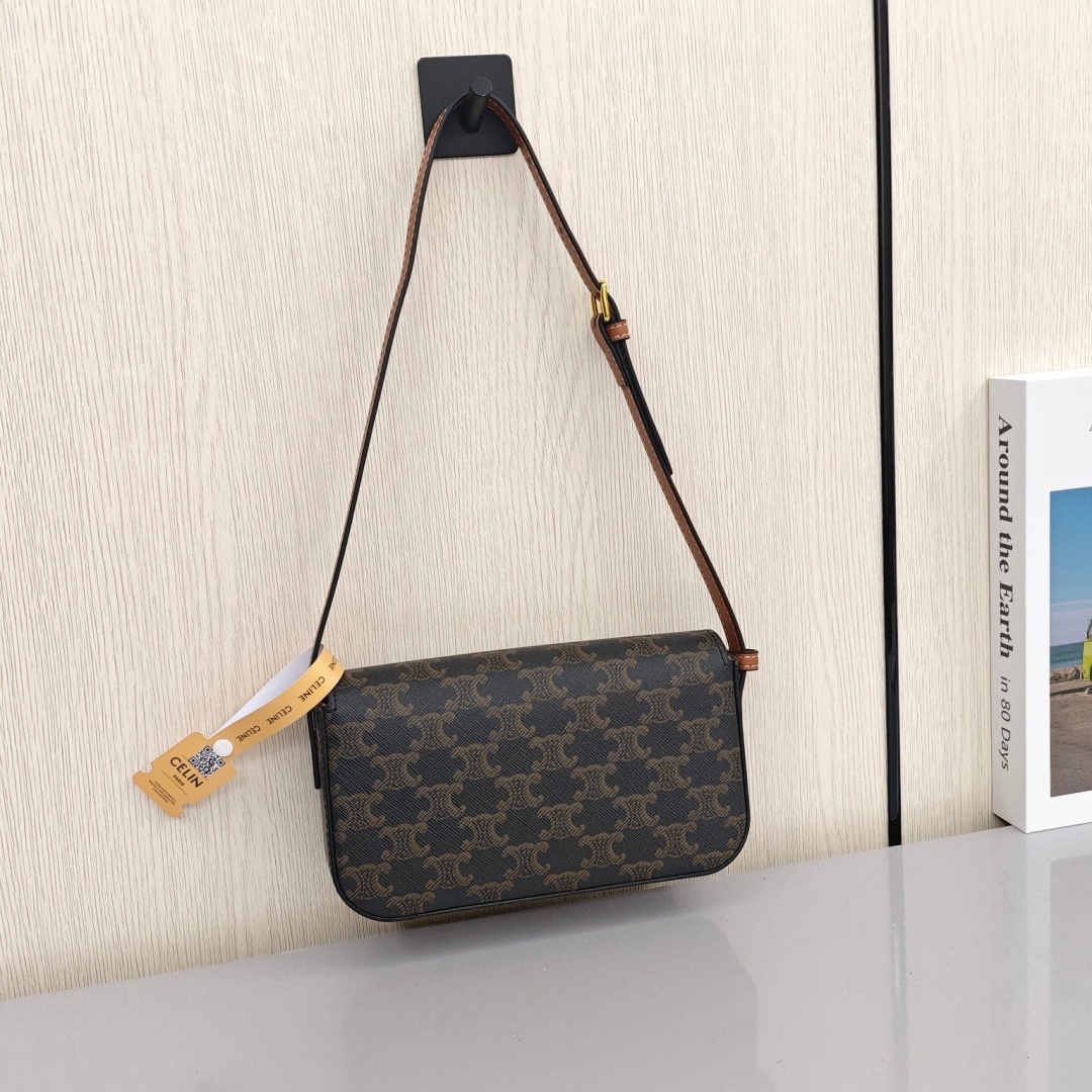 CELINE Triomphe Collection Classic All - Over Monogram Print Cowhide Cross - body and Shoulder Bag, Women's Style, Tan