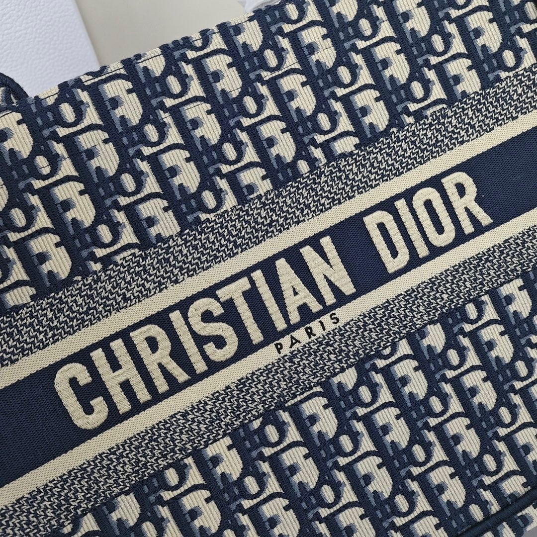 DIOR BookTote, Large - capacity Monogram All - Over Print with Oblique Hand - Embroidery, Shopping Tote Bag, Medium Size, Women's Style, Denim Blue
