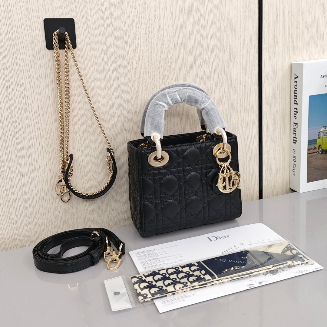 DIOR Lady Dior Lambskin Leather Bag, Lady Dior Bag, Shoulder, Cross - body and Handheld Bag, Mini Size, Women's Style, Black