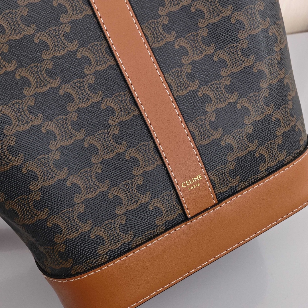 CELINE Triomphe Classic Monogram All - Over Print Canvas with Calfskin Trim Bucket Bag, Medium Size, Women's Style, Tan