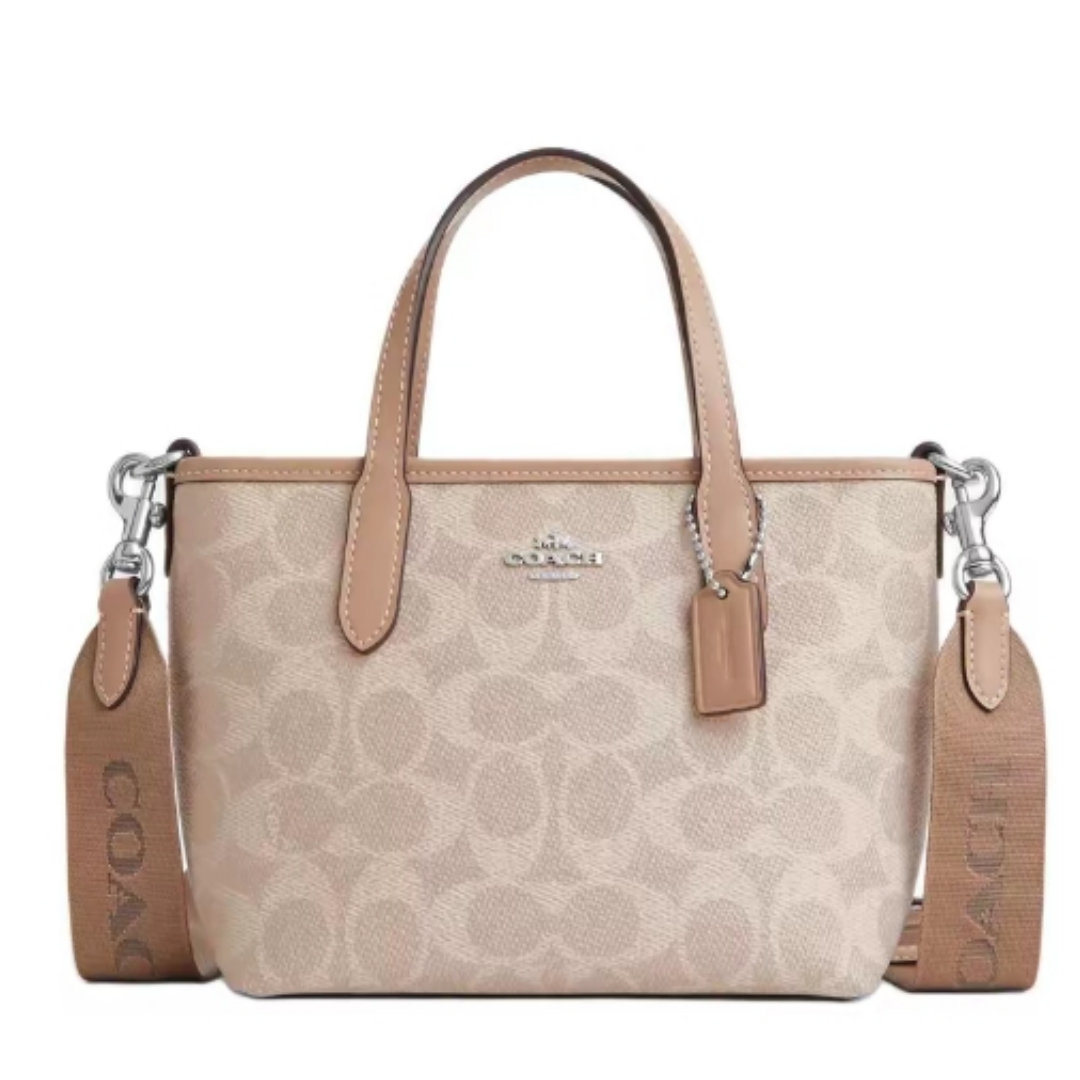 COACH City 15 Coated Canvas Tote Bag / Shopping Bag / Shoulder - Crossbody - Handbag, Mini Size, Women's Style, Taupe
