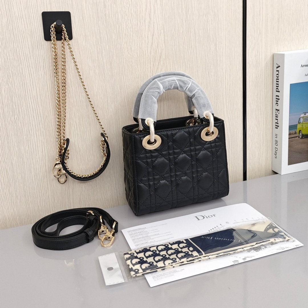 DIOR Lady Dior Lambskin Leather Bag, Lady Dior Bag, Shoulder, Cross - body and Handheld Bag, Mini Size, Women's Style, Black