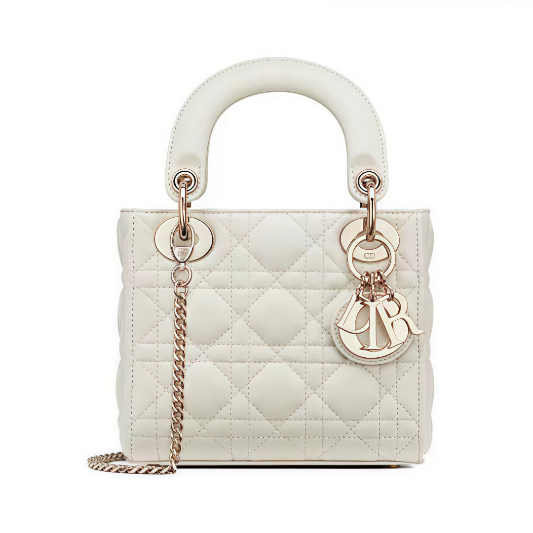 DIOR Lady Dior Metal Chain Three - Compartment Cannage Pattern Lambskin Leather Handheld, Cross - body and Shoulder Bag, Mini Size, Women's Style, Cream - white