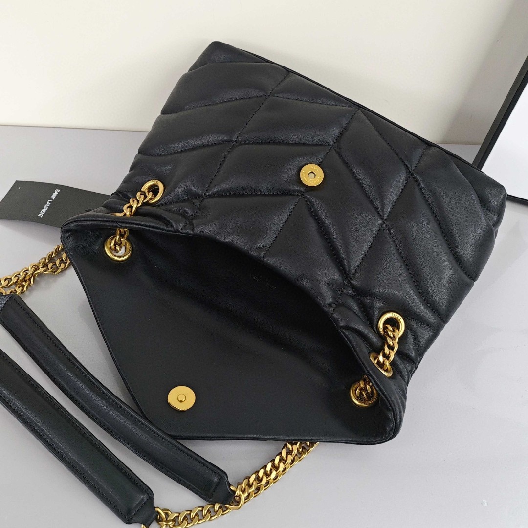 SAINT LAURENT YSL LOULOUPUFFER, Gold - Logo Chain, Lambskin Leather Cloud Bag, Women's Style, Black