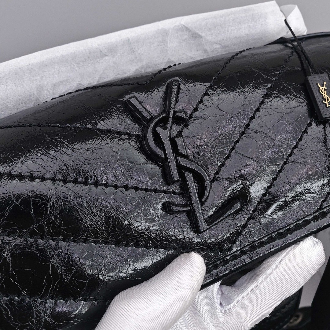 SAINT LAURENT YSL Niki, Retro Pleated with Black Chain and Black Logo, Medium - sized Cowhide Leather Bag, Women's Style, Black