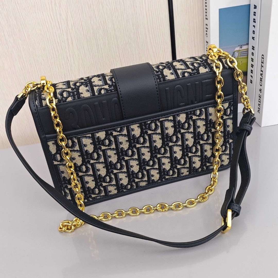 DIOR 30 Montaigne Collection, Monogram All - Over Embroidered Oblique Print with Metal Chain, Medium Size, Women's Style, Denim Blue