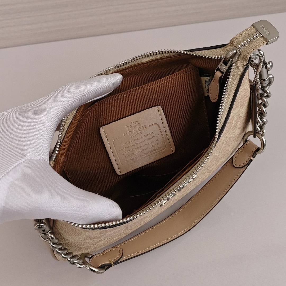 COACH Teri 24 Classic Monogram Logo Shoulder - Crossbody - Handbag, Medium Size, Women's Style, Sand - Yellow with Taupe