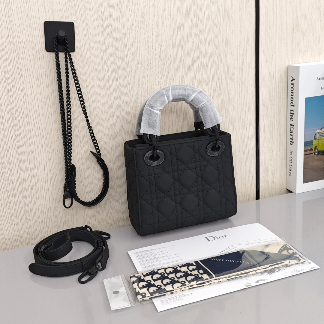 DIOR Lady Dior Matte Three - Compartment Cowhide Bag, Lady Dior Bag, Shoulder, Cross - body and Handheld Bag, Mini Size, Women's Style, Satin Black