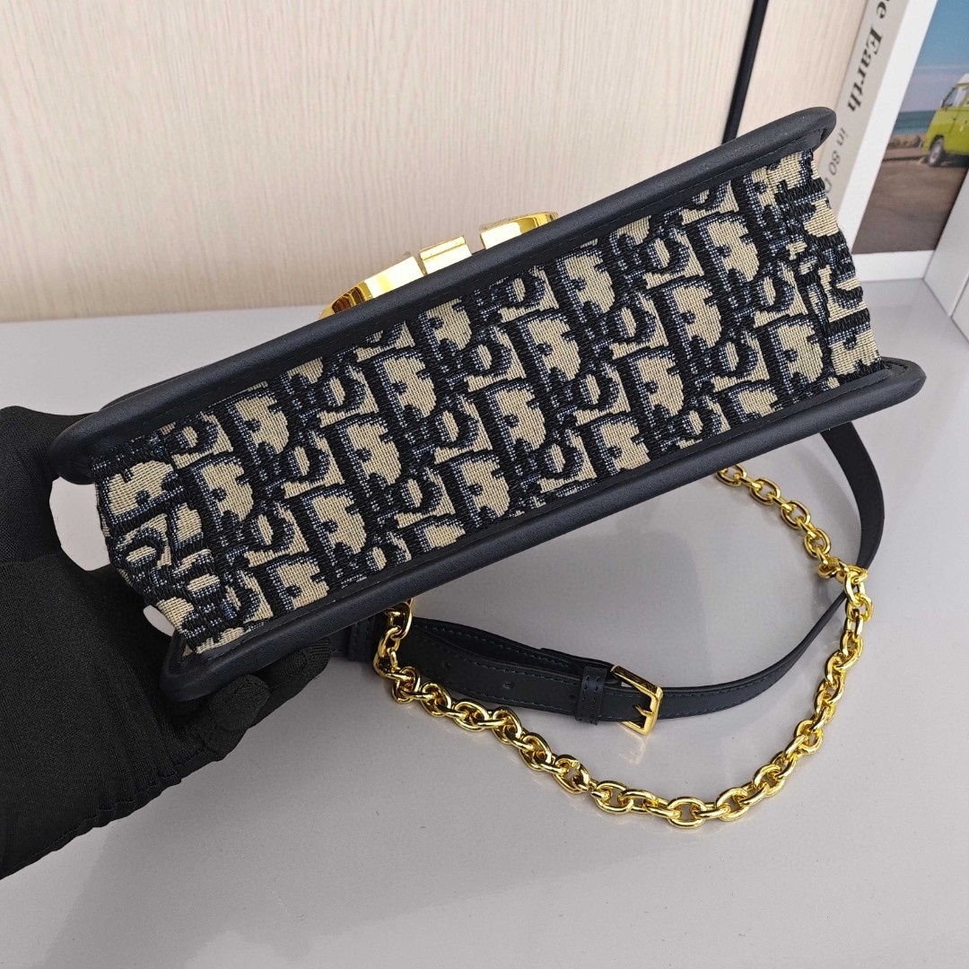 DIOR 30 Montaigne Collection, Monogram All - Over Embroidered Oblique Print with Metal Chain, Medium Size, Women's Style, Denim Blue