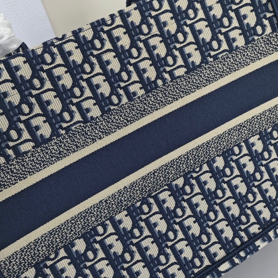 DIOR BookTote, Large - capacity Monogram All - Over Print with Oblique Hand - Embroidery, Shopping Tote Bag, Medium Size, Women's Style, Denim Blue