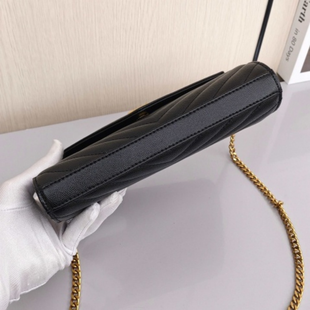 SAINT LAURENT YSL ENVELOPE, Grained Calfskin, Crossbody / Shoulder Bag, Women's Style, Black