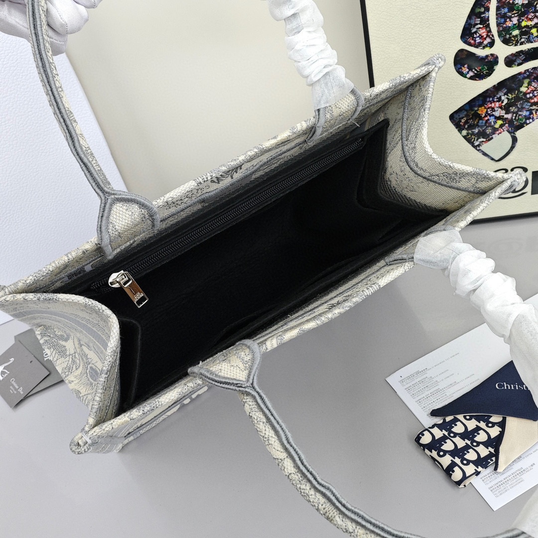 DIOR BookTote, Toile de Jouy Print with Tiger Pattern Embroidery, Tote Bag / Shopping Handbag, Medium Size, Women's Style, Grey