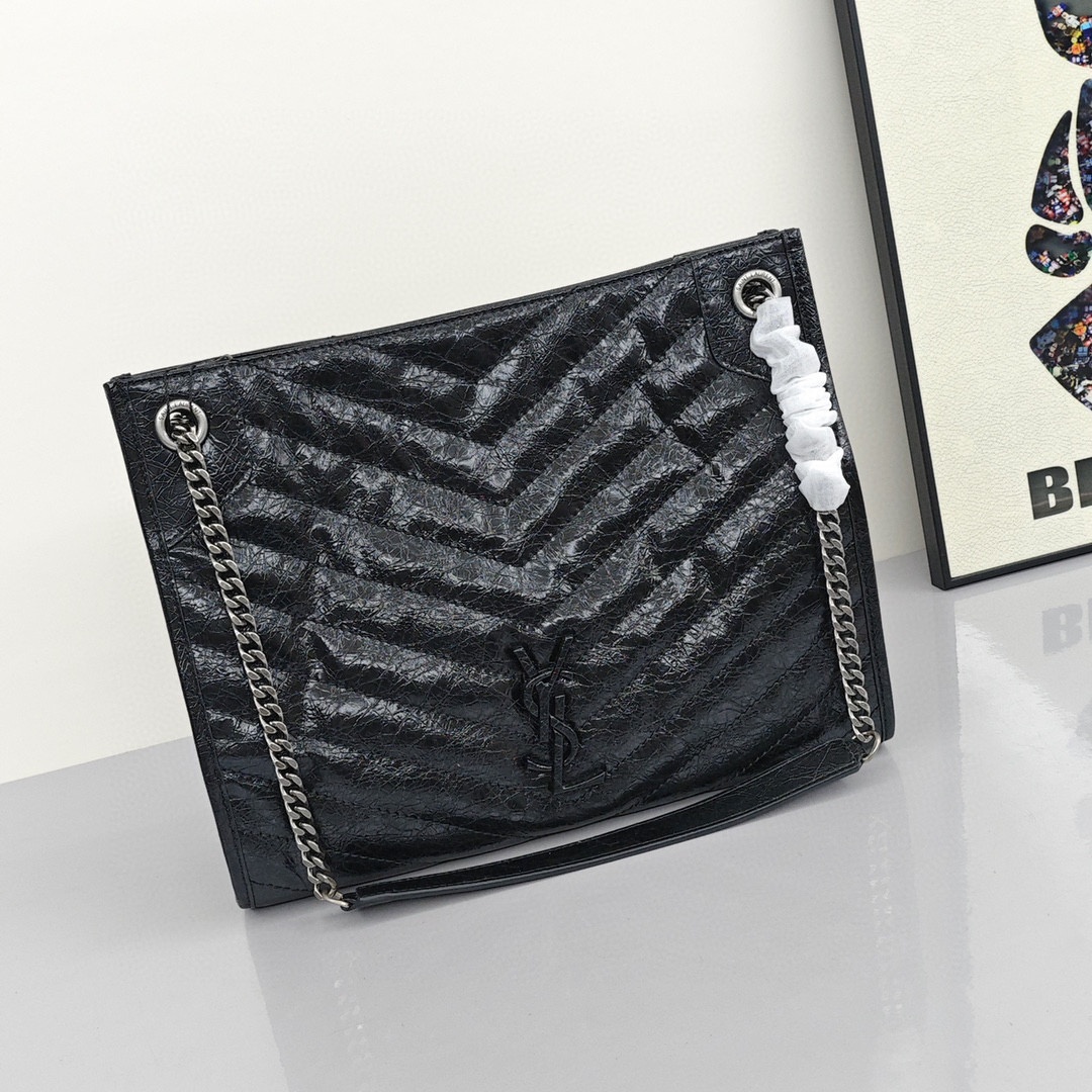 SAINT LAURENT YSL Retro Chain - Pleated Large - Capacity Leather Tote Bag, Women's Style, Black