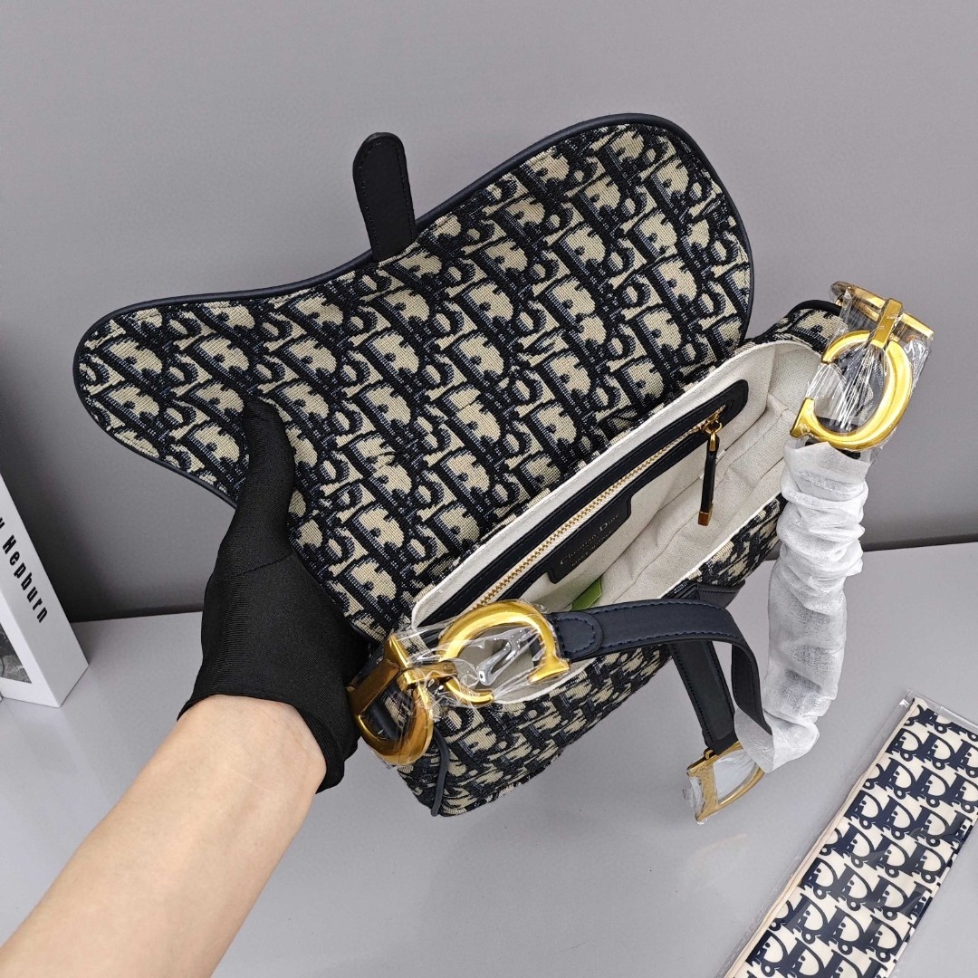 DIOR Saddle, Magnetic Snap - Closure Print Fabric Saddle Bag, Shoulder, Cross - body and Handheld Bag, Medium Size, Women's Style, Blue