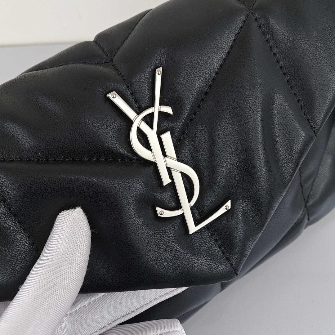 SAINT LAURENT YSL LOULOUPUFFER, Silver - Logo Chain, Lambskin Leather Shoulder Bag, Women's Style, Black