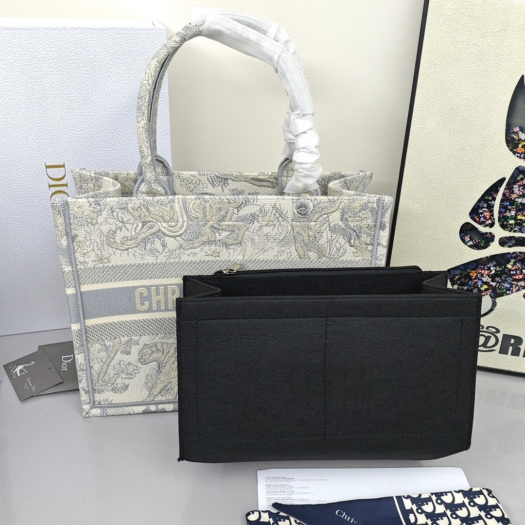 DIOR BookTote, Toile de Jouy Print with Tiger Pattern Embroidery, Tote Bag / Shopping Handbag, Medium Size, Women's Style, Grey