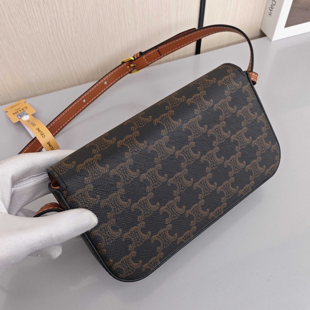 CELINE Triomphe Collection Classic All - Over Monogram Print Cowhide Cross - body and Shoulder Bag, Women's Style, Tan