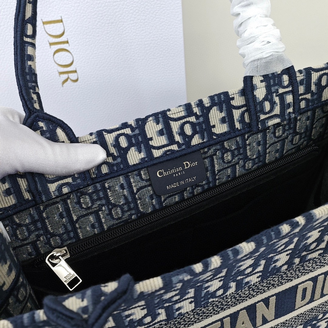 DIOR BookTote, Large - capacity Monogram All - Over Print with Oblique Hand - Embroidery, Shopping Tote Bag, Medium Size, Women's Style, Denim Blue