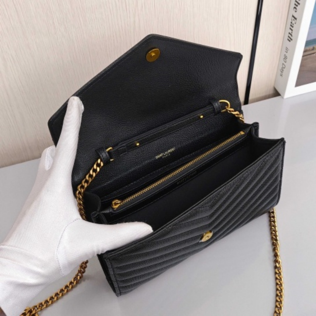 SAINT LAURENT YSL ENVELOPE, Grained Calfskin, Crossbody / Shoulder Bag, Women's Style, Black