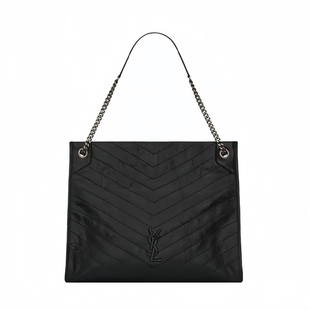SAINT LAURENT YSL Retro Chain - Pleated Large - Capacity Leather Tote Bag, Women's Style, Black