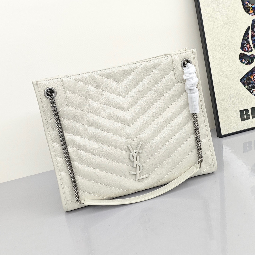 SAINT LAURENT YSL Cowhide Leather Tote Bag, Women's Style, Retro White