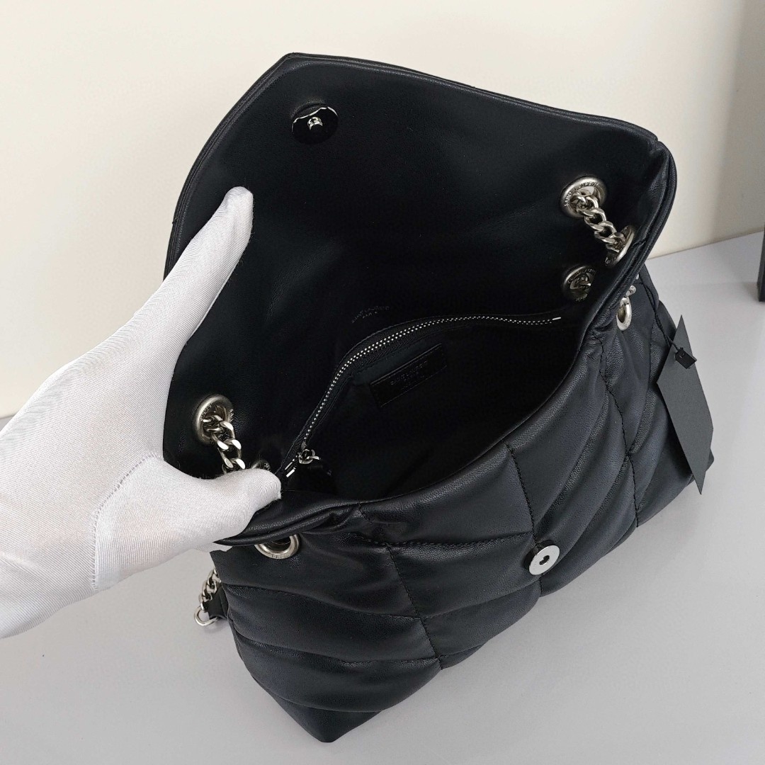 SAINT LAURENT YSL LOULOUPUFFER, Silver - Logo Chain, Lambskin Leather Shoulder Bag, Women's Style, Black