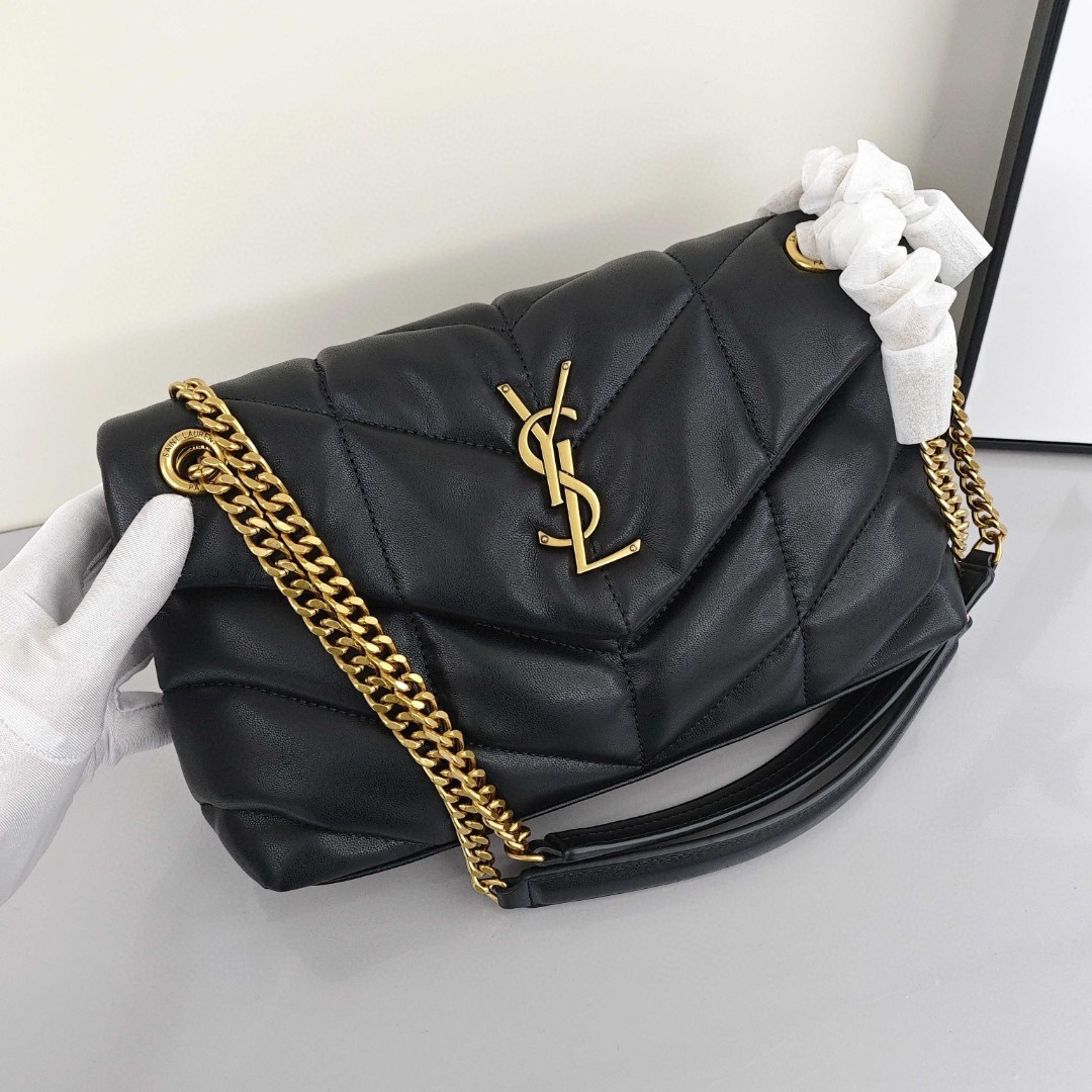 SAINT LAURENT YSL LOULOUPUFFER, Gold - Logo Chain, Lambskin Leather Cloud Bag, Women's Style, Black