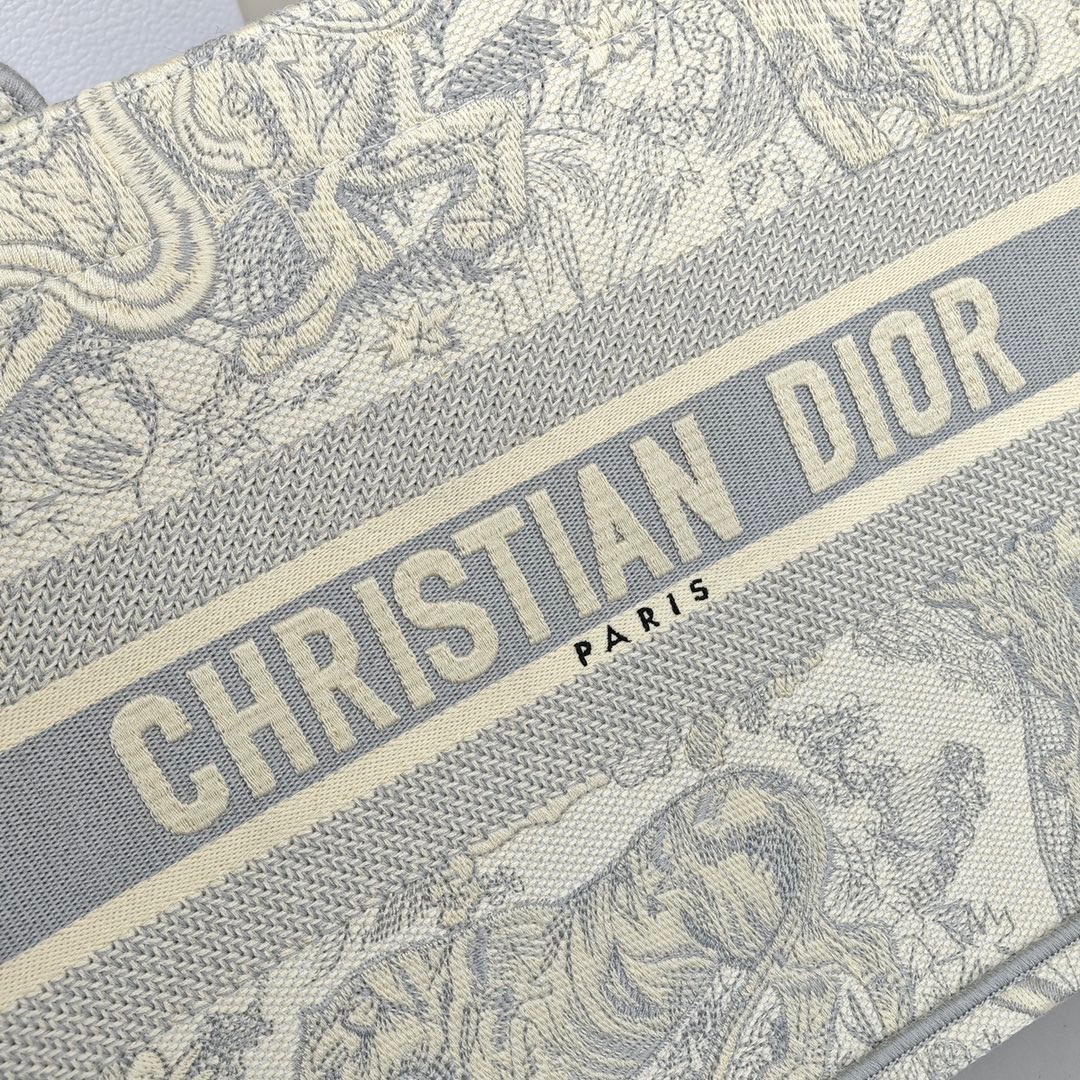 DIOR BookTote, Toile de Jouy Print with Tiger Pattern Embroidery, Tote Bag / Shopping Handbag, Medium Size, Women's Style, Grey
