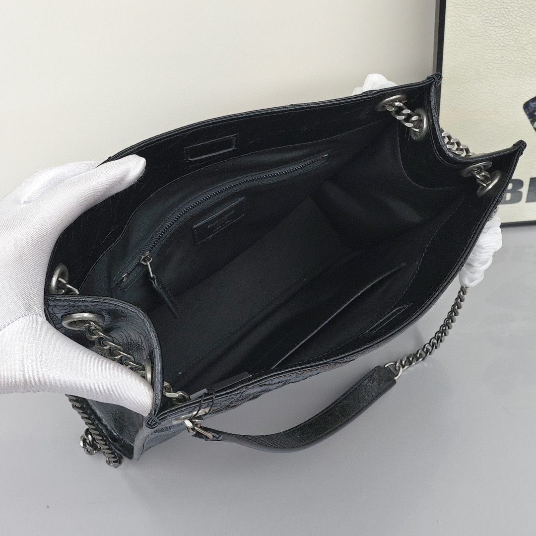 SAINT LAURENT YSL Retro Chain - Pleated Large - Capacity Leather Tote Bag, Women's Style, Black