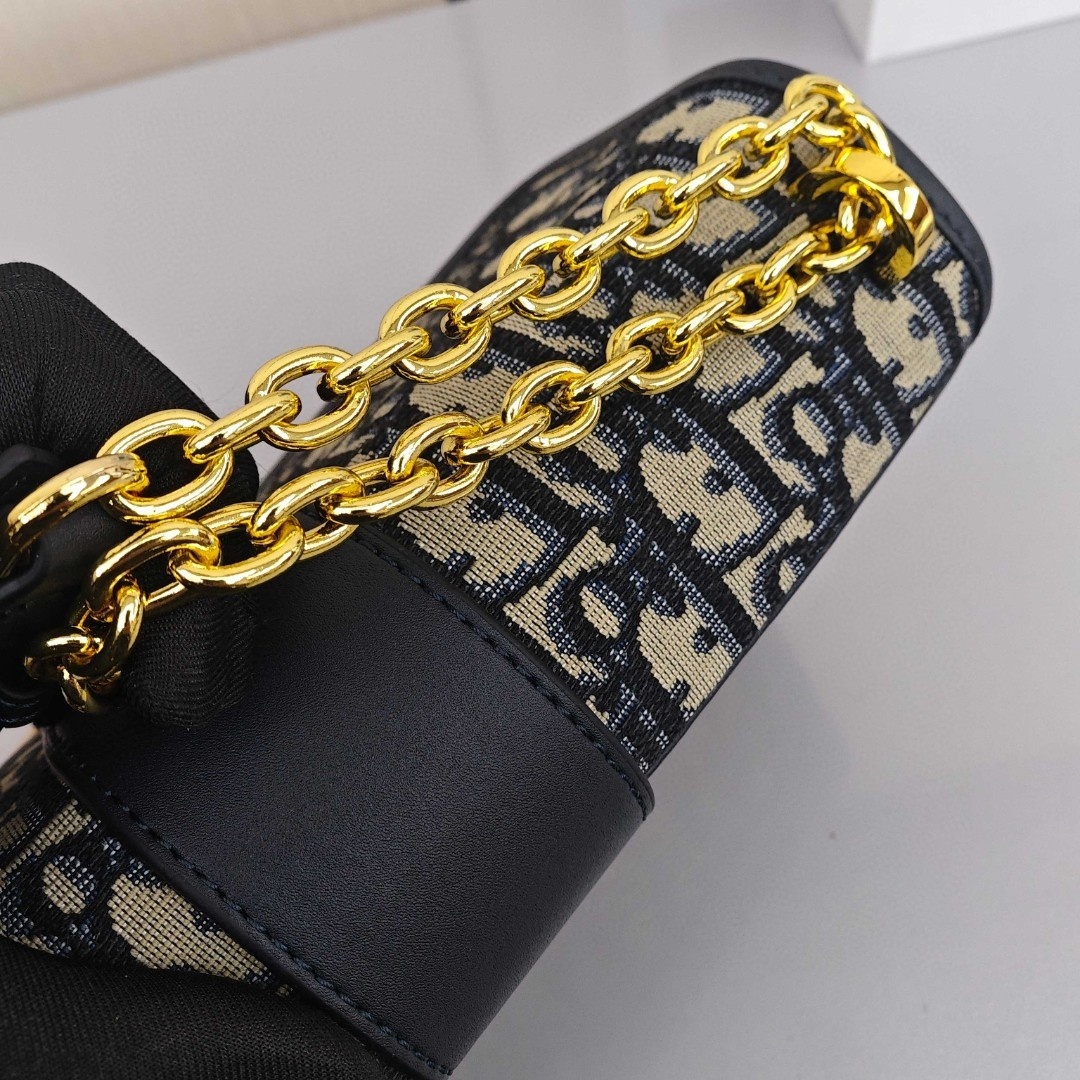 DIOR 30 Montaigne Collection, Monogram All - Over Embroidered Oblique Print with Metal Chain, Medium Size, Women's Style, Denim Blue