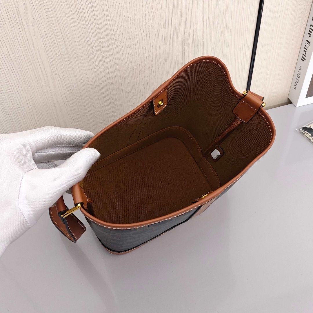 CELINE Triomphe Classic Monogram All - Over Print Canvas with Calfskin Trim Bucket Bag, Medium Size, Women's Style, Tan