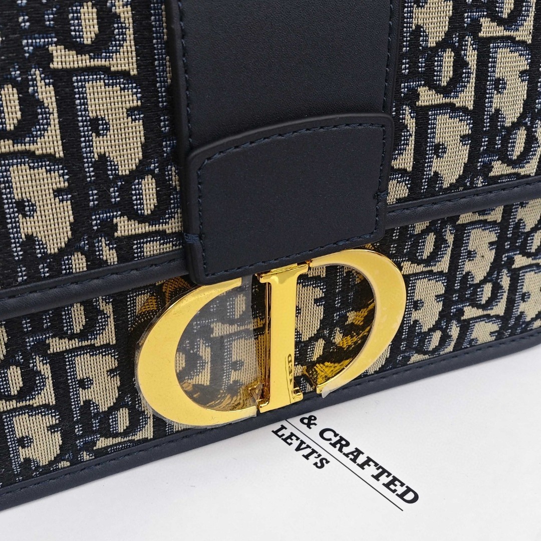 DIOR 30 Montaigne Collection, Monogram All - Over Embroidered Oblique Print with Metal Chain, Medium Size, Women's Style, Denim Blue