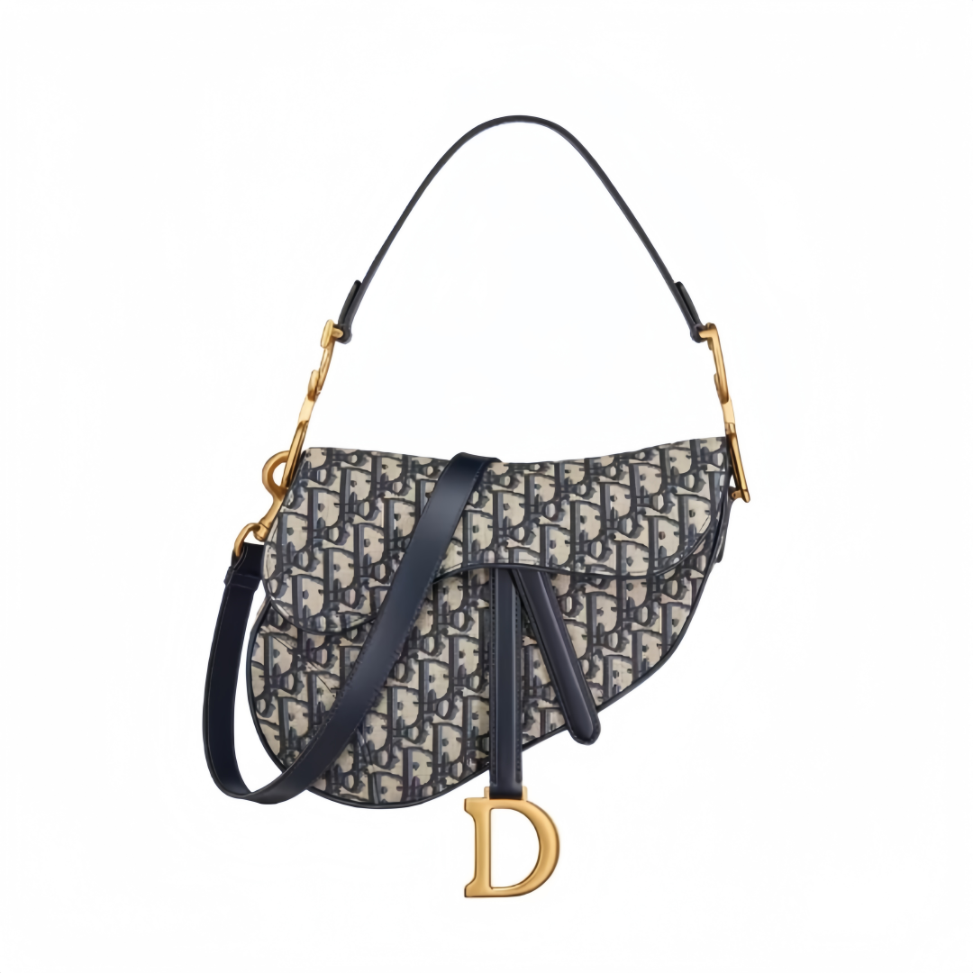 DIOR Saddle, Magnetic Snap - Closure Print Fabric Saddle Bag, Shoulder, Cross - body and Handheld Bag, Medium Size, Women's Style, Blue