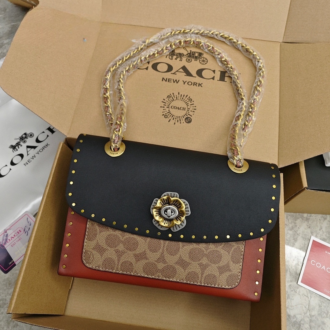 COACH Parker 26 Camellia Print Rivet - Trimmed Handbag, Crossbody Bag, Shoulder Bag for Women. Black with Monogram and Saddle Brown Color - Blocking