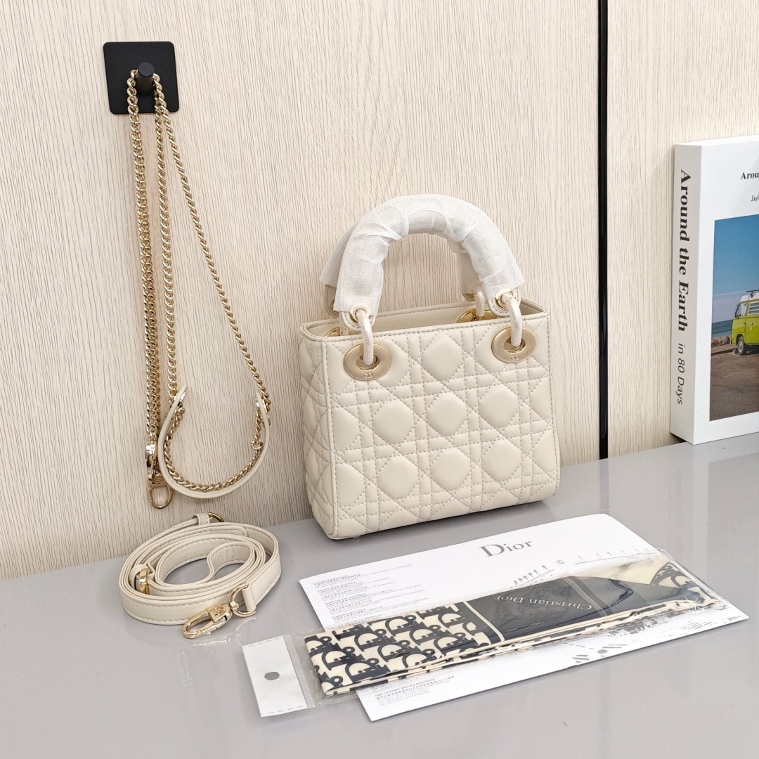 DIOR Lady Dior Metal Chain Three - Compartment Cannage Pattern Lambskin Leather Handheld, Cross - body and Shoulder Bag, Mini Size, Women's Style, Cream - white