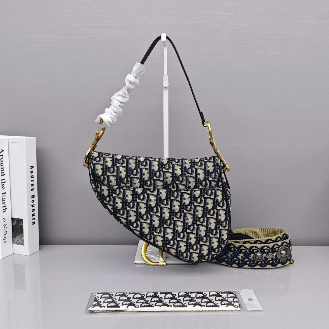 DIOR Saddle, Magnetic Snap - Closure Print Fabric Saddle Bag, Shoulder, Cross - body and Handheld Bag, Medium Size, Women's Style, Blue