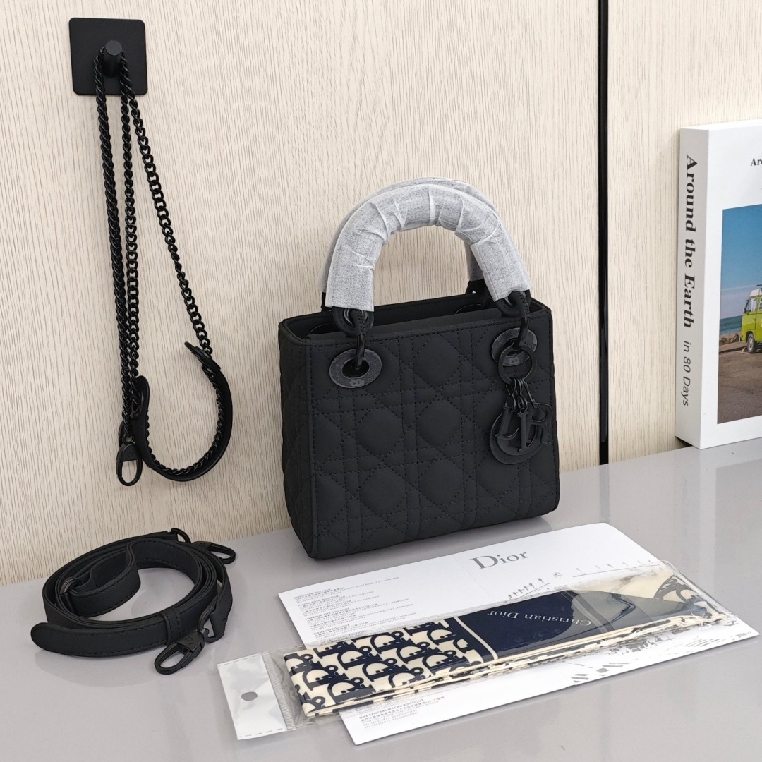 DIOR Lady Dior Matte Three - Compartment Cowhide Bag, Lady Dior Bag, Shoulder, Cross - body and Handheld Bag, Mini Size, Women's Style, Satin Black