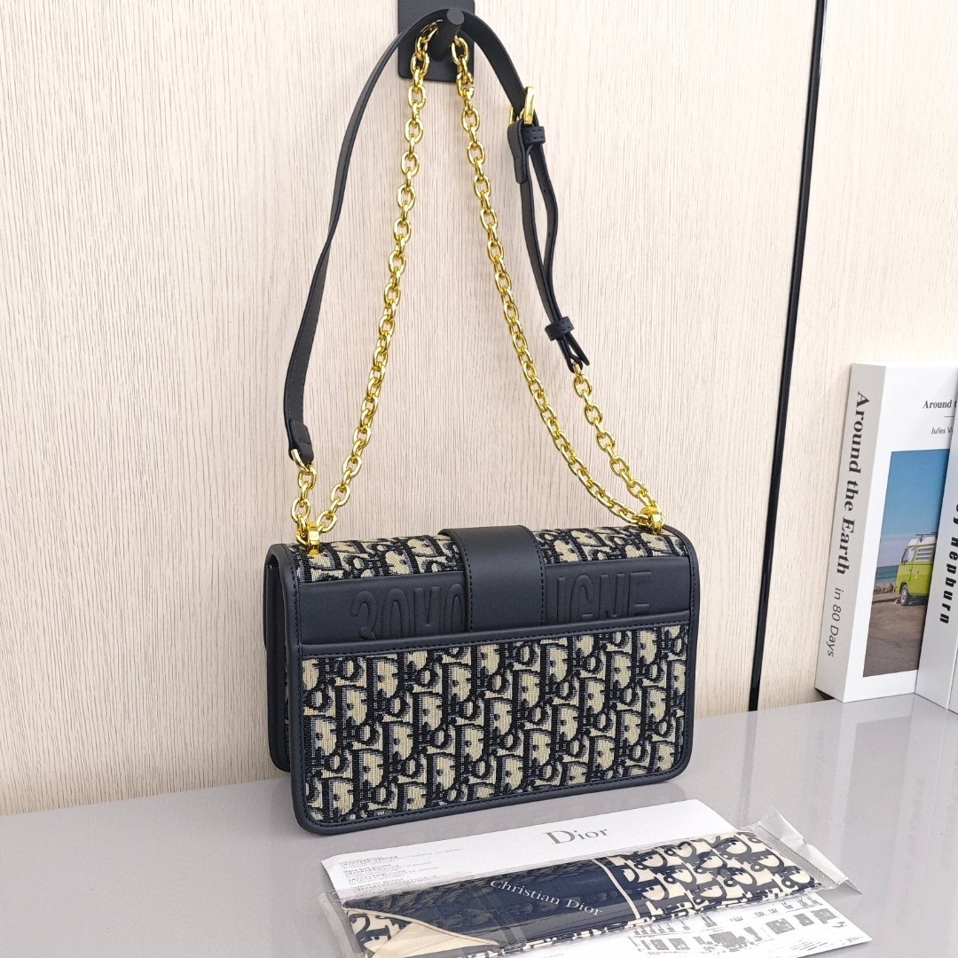 DIOR 30 Montaigne Collection, Monogram All - Over Embroidered Oblique Print with Metal Chain, Medium Size, Women's Style, Denim Blue
