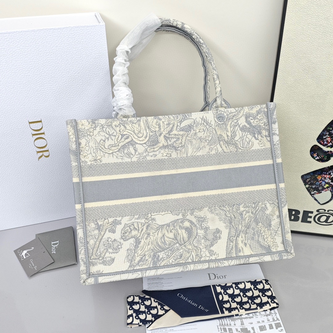 DIOR BookTote, Toile de Jouy Print with Tiger Pattern Embroidery, Tote Bag / Shopping Handbag, Medium Size, Women's Style, Grey