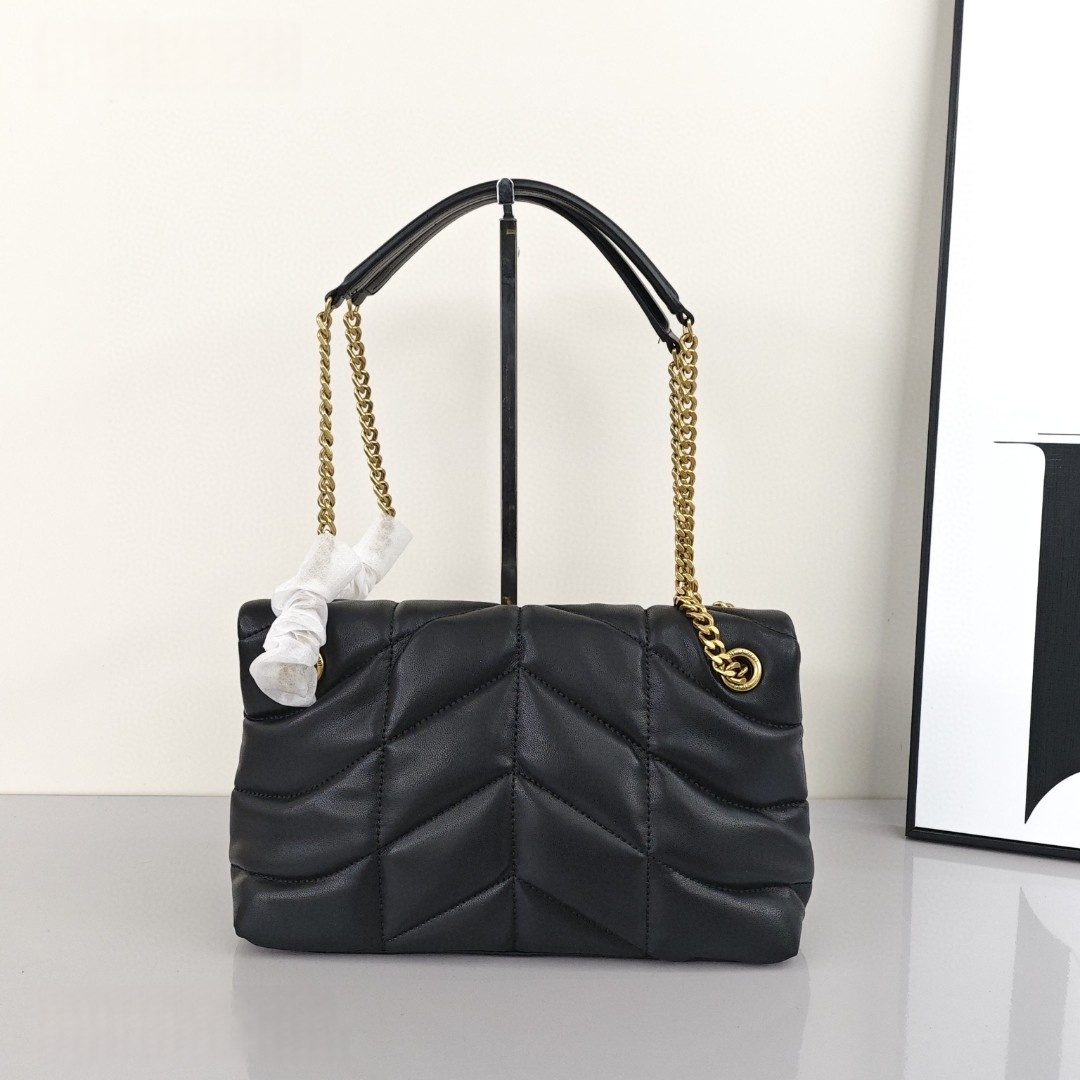 SAINT LAURENT YSL LOULOUPUFFER, Gold - Logo Chain, Lambskin Leather Cloud Bag, Women's Style, Black