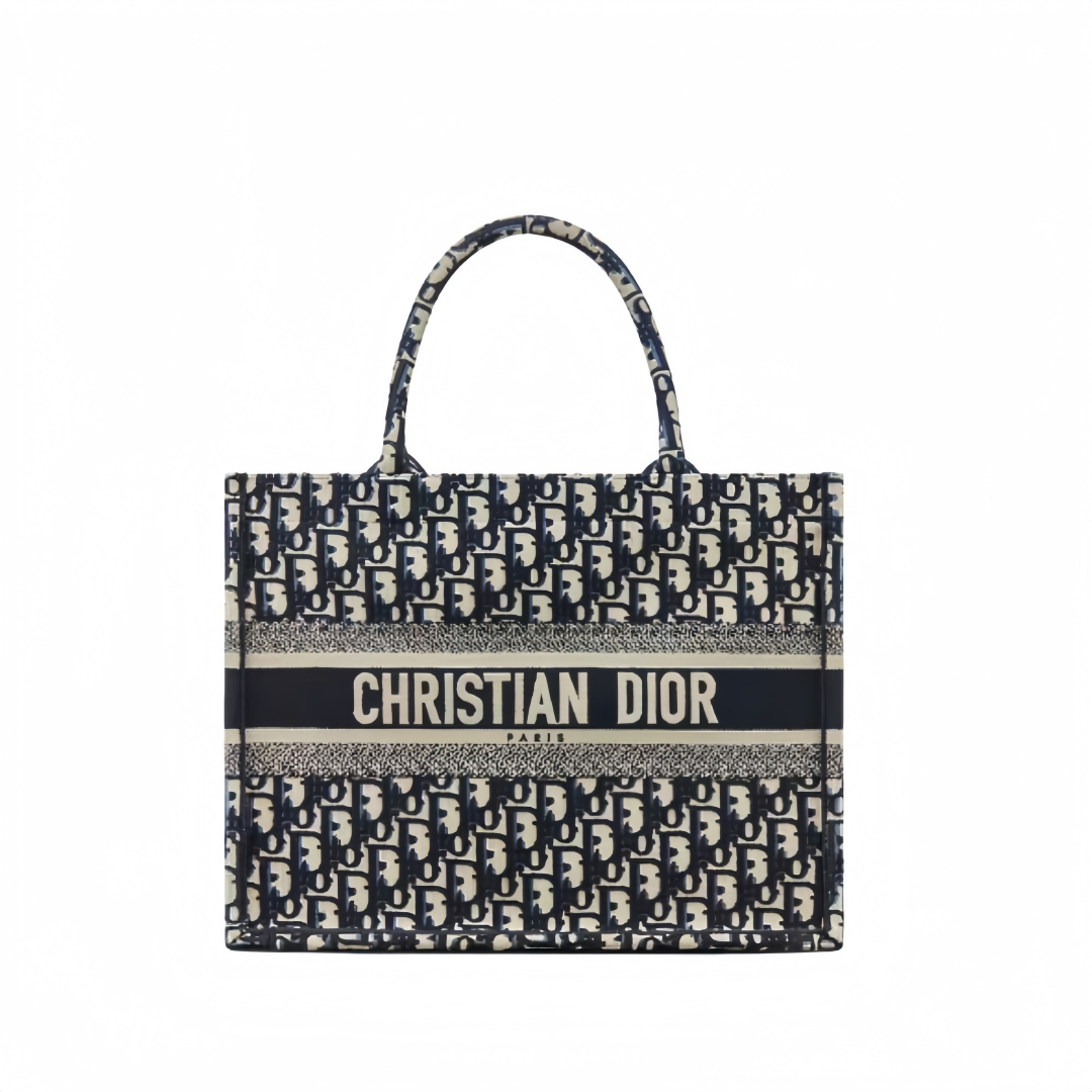 DIOR BookTote, Large - capacity Monogram All - Over Print with Oblique Hand - Embroidery, Shopping Tote Bag, Medium Size, Women's Style, Denim Blue