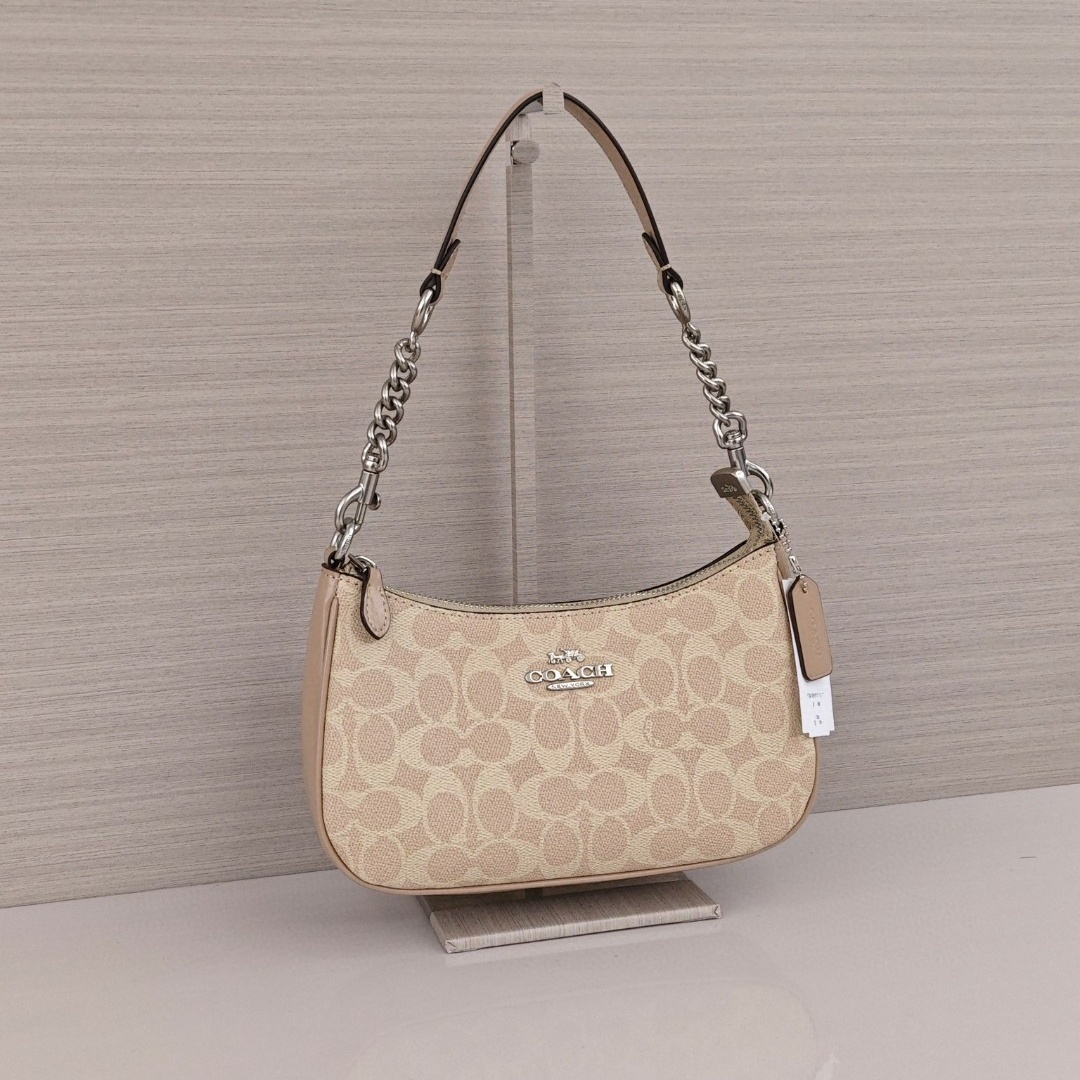 COACH Teri 24 Classic Monogram Logo Shoulder - Crossbody - Handbag, Medium Size, Women's Style, Sand - Yellow with Taupe